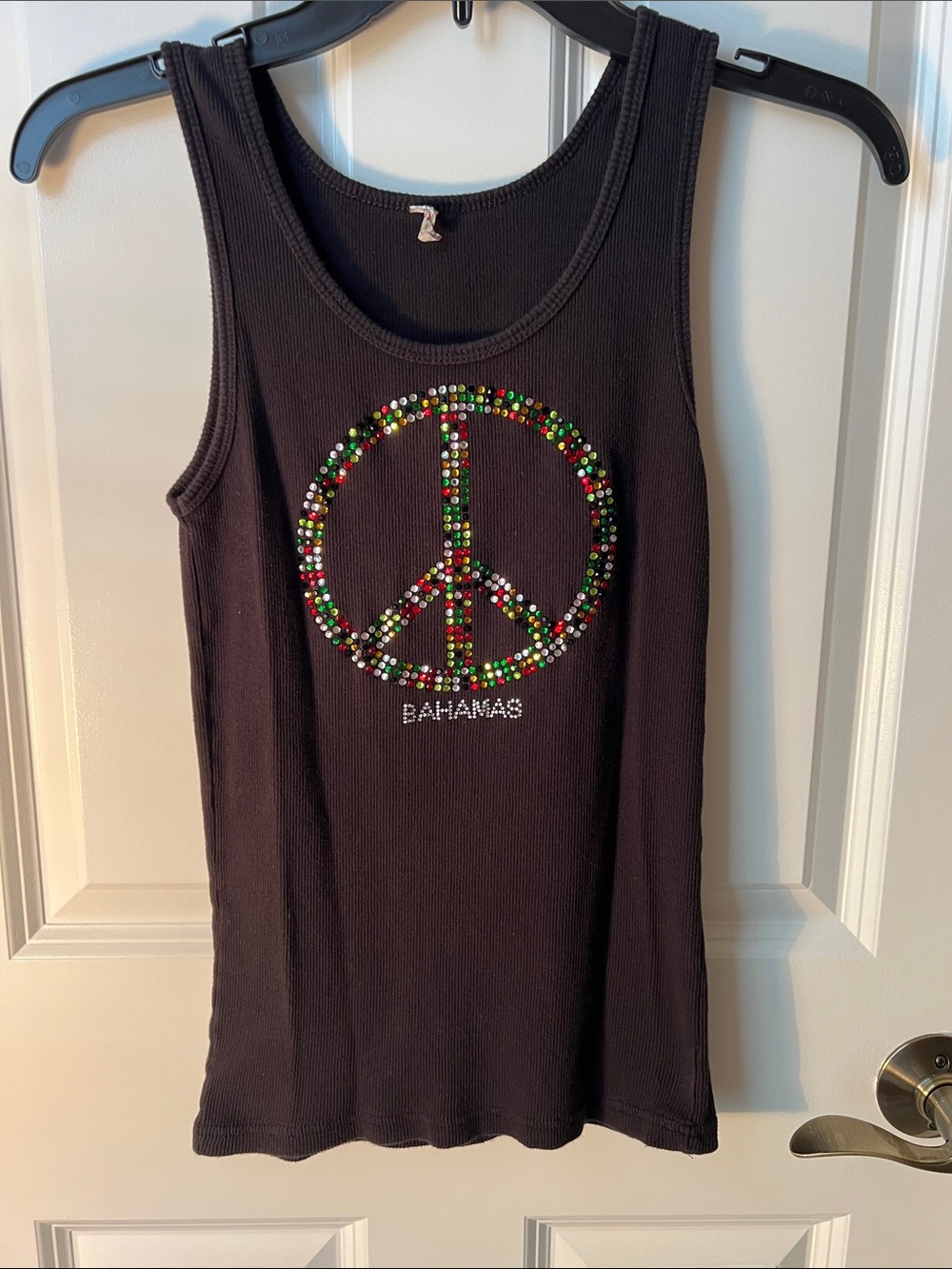 Alstyle Black Tank Top with Multicolor Beaded Peace Sign